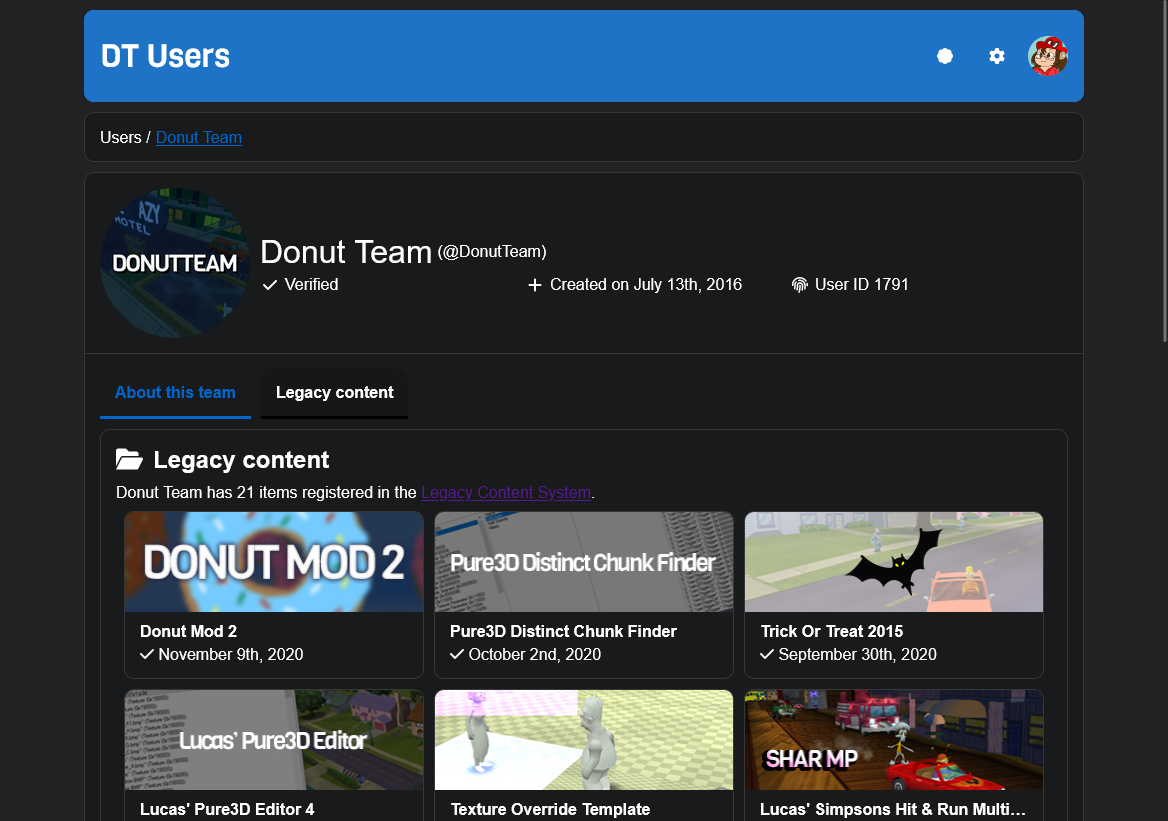 The Donut Team profile on the "Legacy releases" tab with the dark theme enabled.
